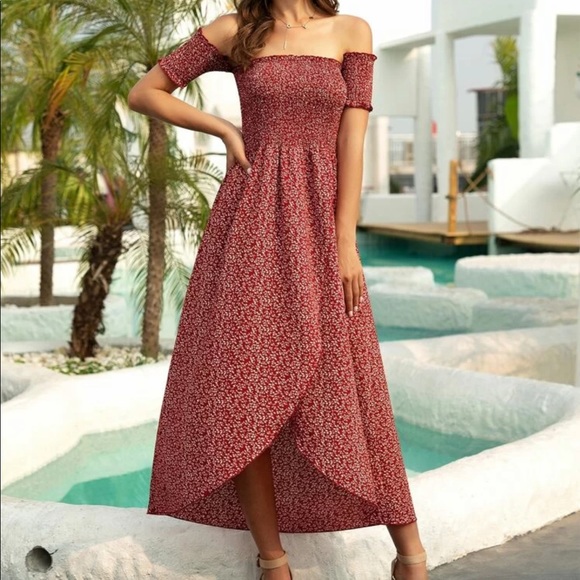 Dresses & Skirts - Boho gypsy hi low off shoulder maxi dress red